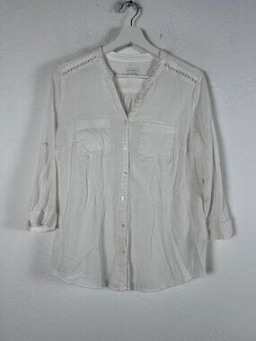 Charter Club Womens White Cut-Out Roll Tab Sleeve Button Up Shirt Top Medium